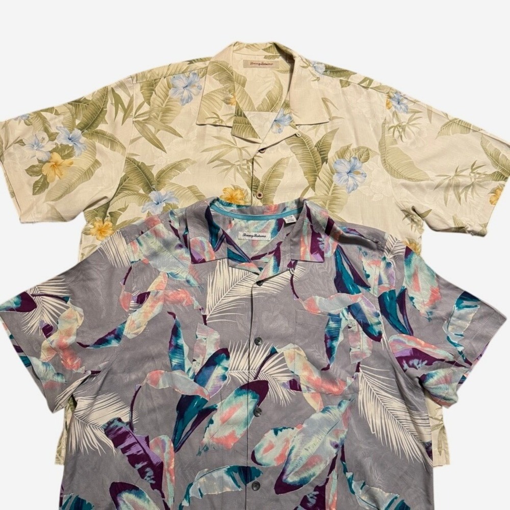 Tommy Bahama Button Down Shirts Lot of 2 Mens XL Floral Silk Vacation Dad Leafs